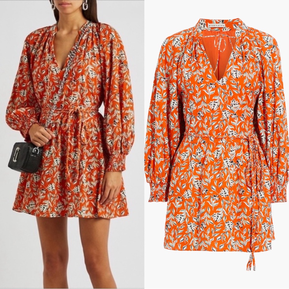 Alice + Olivia Lilian Belted Floral Print Linen Blend Mini Dress